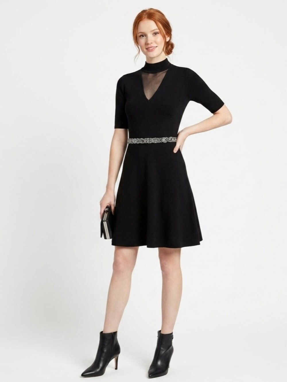 NEW Black Embellished Waist Fit-and-Flare Sweater Dress Size M